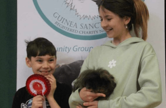 Young boy with a fun show rosette and a girl holding a guinea pig