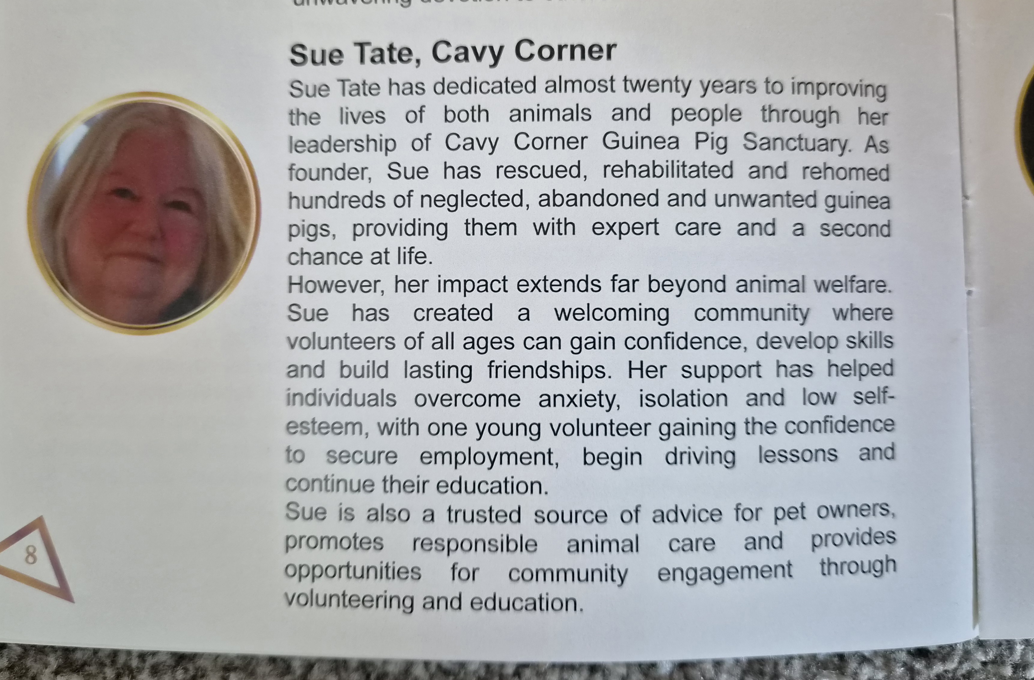 The programme summary for Sue's entry