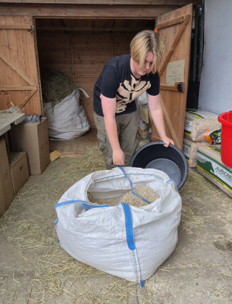 Volunteer at Cavy Corner working in front of shed